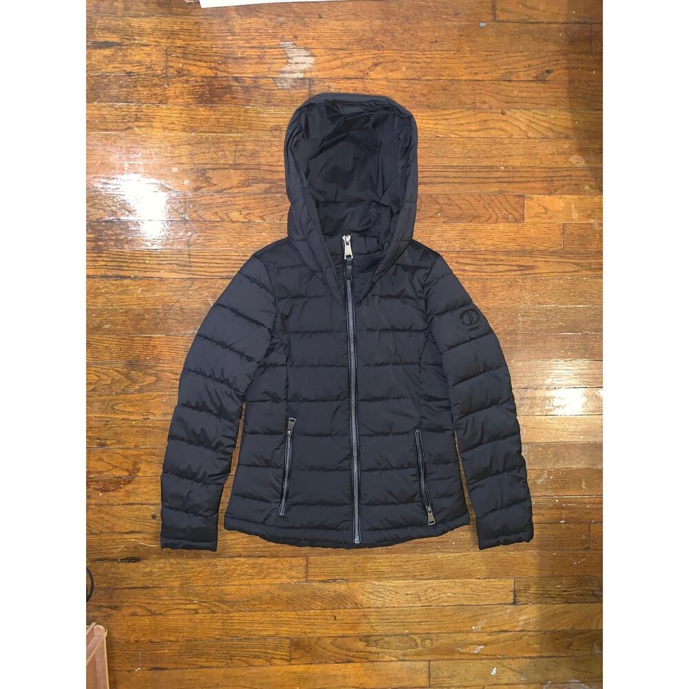 DKNY Women's Lightweight Hooded Puffer Jacket Black Full Zip Coat XS Quilted